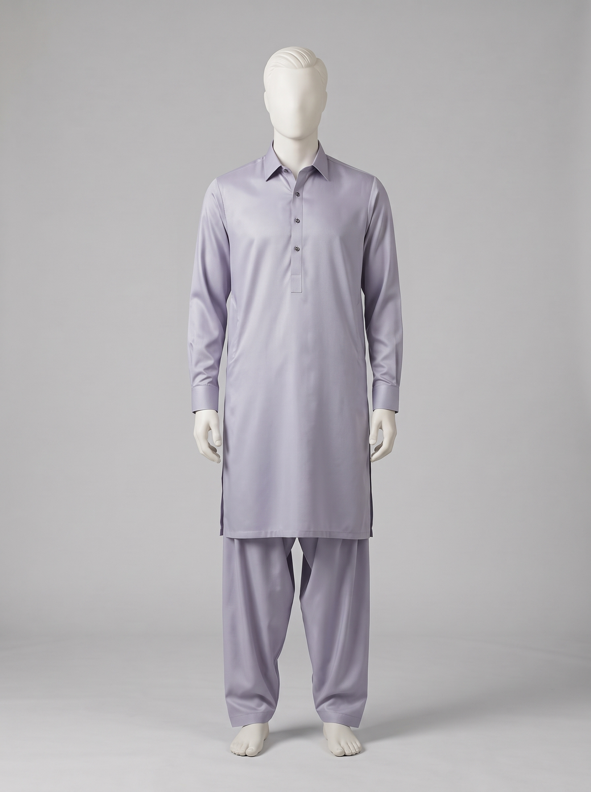 Bareeze Premium Toyobo Wash & Wear – Lavender shalwar kameez on a mannequin (stitching idea, sold unstitched)