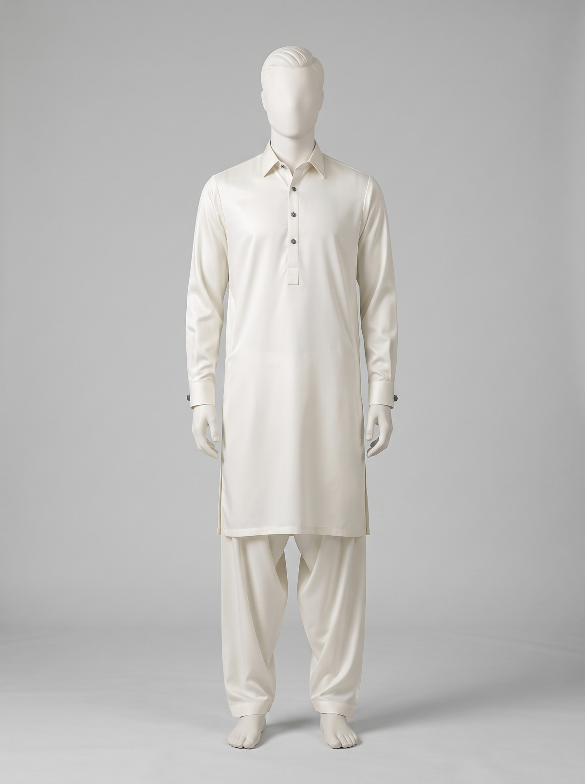 Bareeze Premium Toyobo Wash & Wear – Pearl White shalwar kameez on a mannequin (stitching idea, sold unstitched)