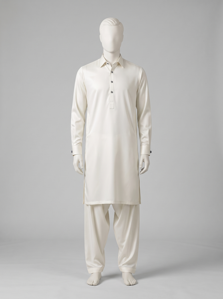 Bareeze Premium Toyobo Wash & Wear – Pearl White shalwar kameez on a mannequin (stitching idea, sold unstitched)