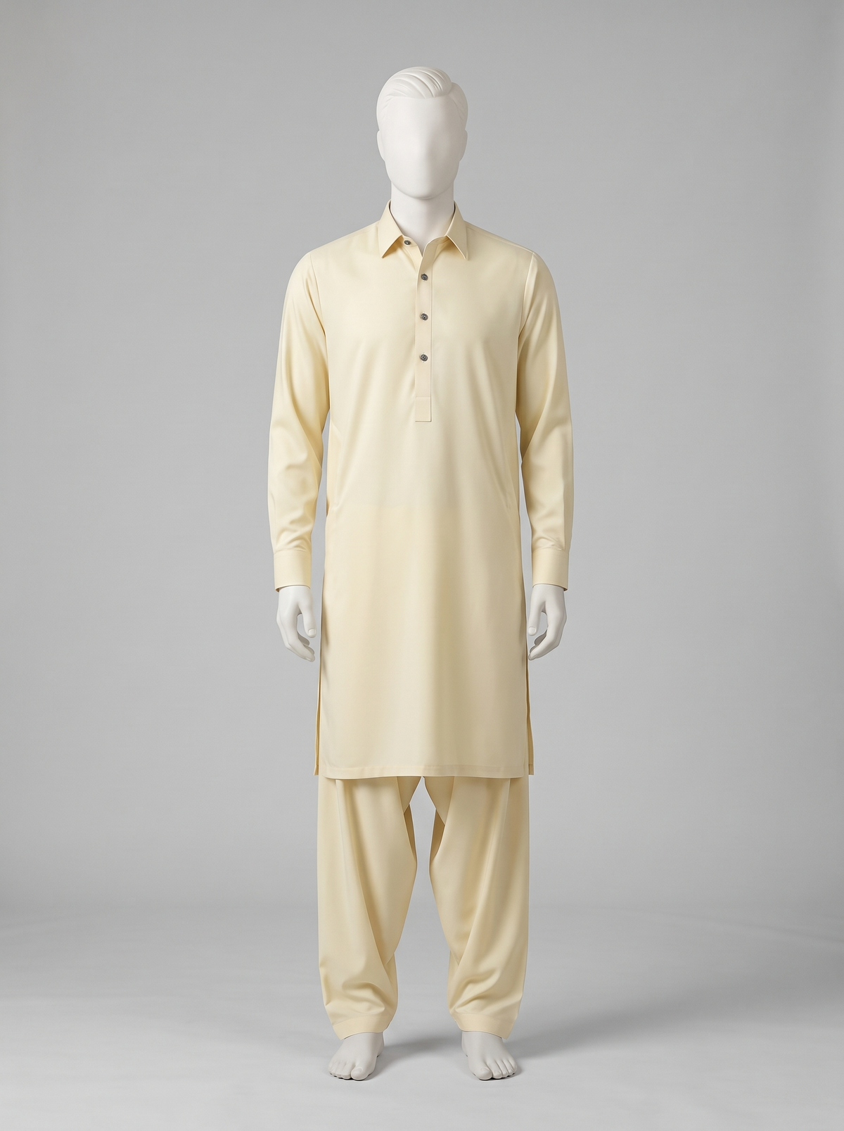 Bareeze Premium Toyobo Wash & Wear – Rich Cream shalwar kameez on a mannequin (stitching idea, sold unstitched)