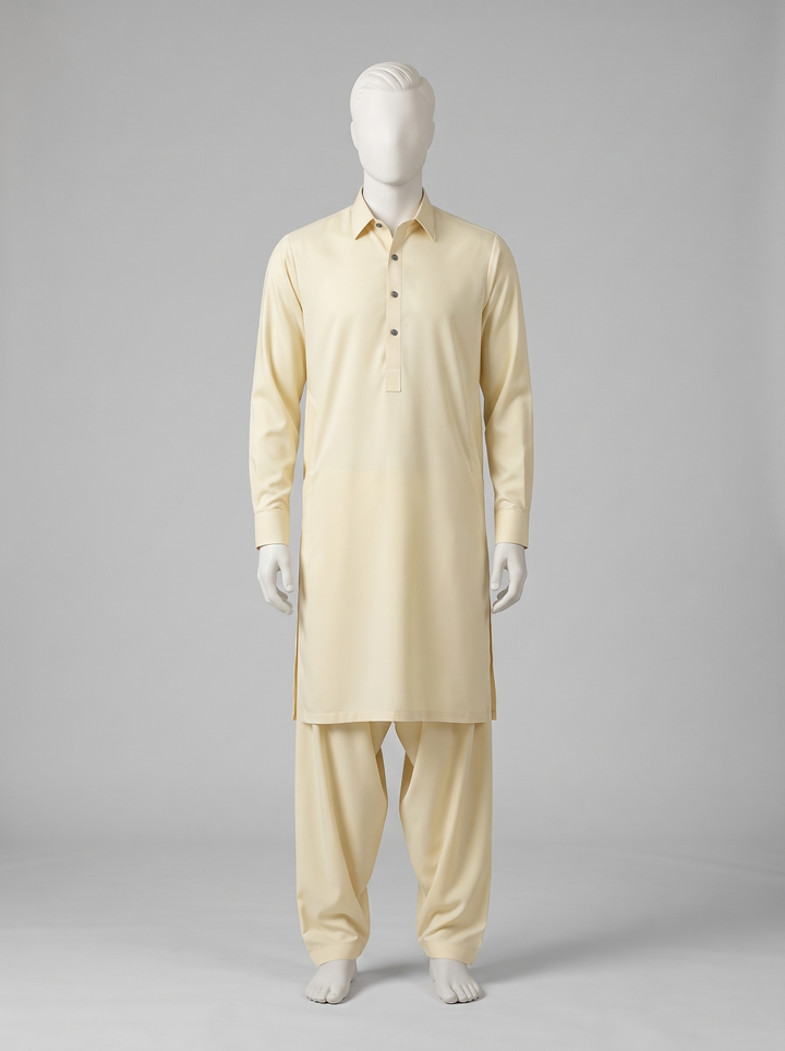 Bareeze Premium Toyobo Wash & Wear – Rich Cream shalwar kameez on a mannequin (stitching idea, sold unstitched)