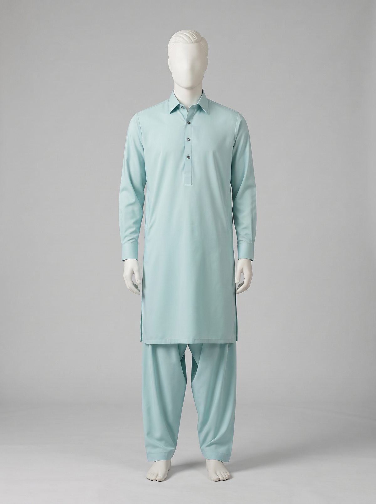 Bareeze Premium Toyobo Wash & Wear – Sea Green shalwar kameez on a mannequin (stitching idea, sold unstitched)