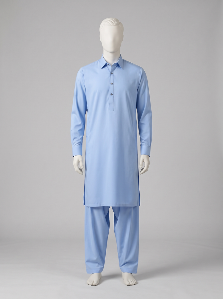 Bareeze Premium Toyobo Wash & Wear – Sky Blue shalwar kameez on a mannequin (stitching idea, sold unstitched)