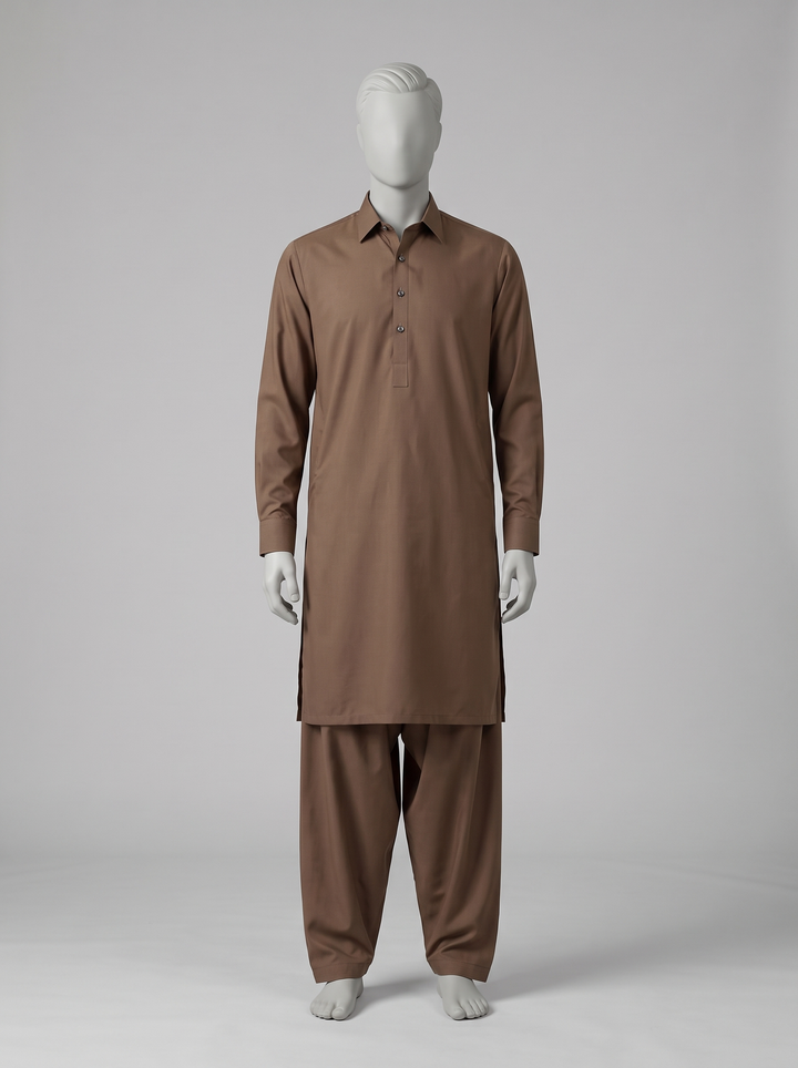 Bareeze Premium Toyobo Wash & Wear – Wood Brown shalwar kameez on a mannequin (stitching idea, sold unstitched)