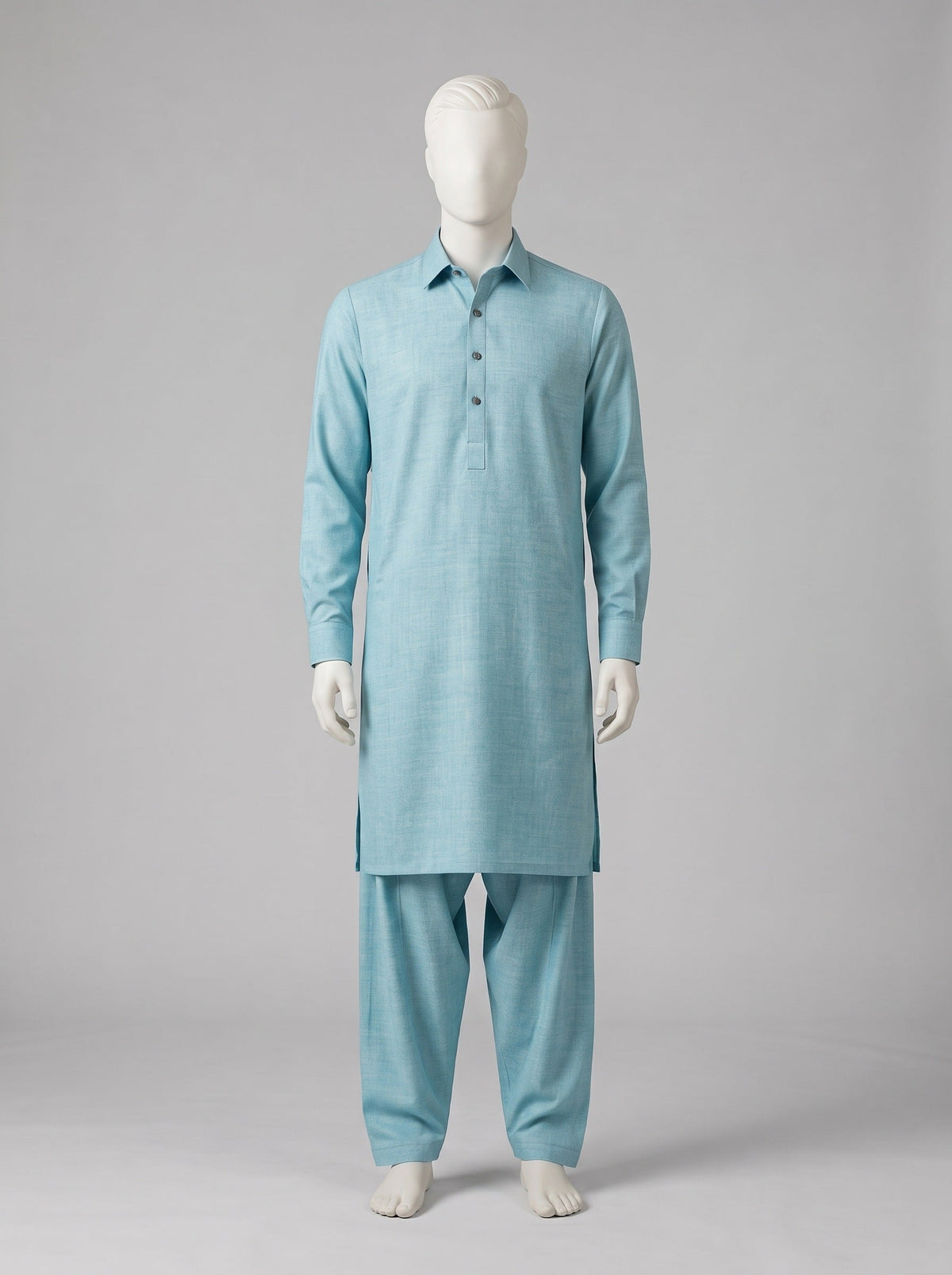 GRACE Super Fine Pure Wool – Aqua shalwar kameez on a mannequin (stitching idea, sold unstitched)