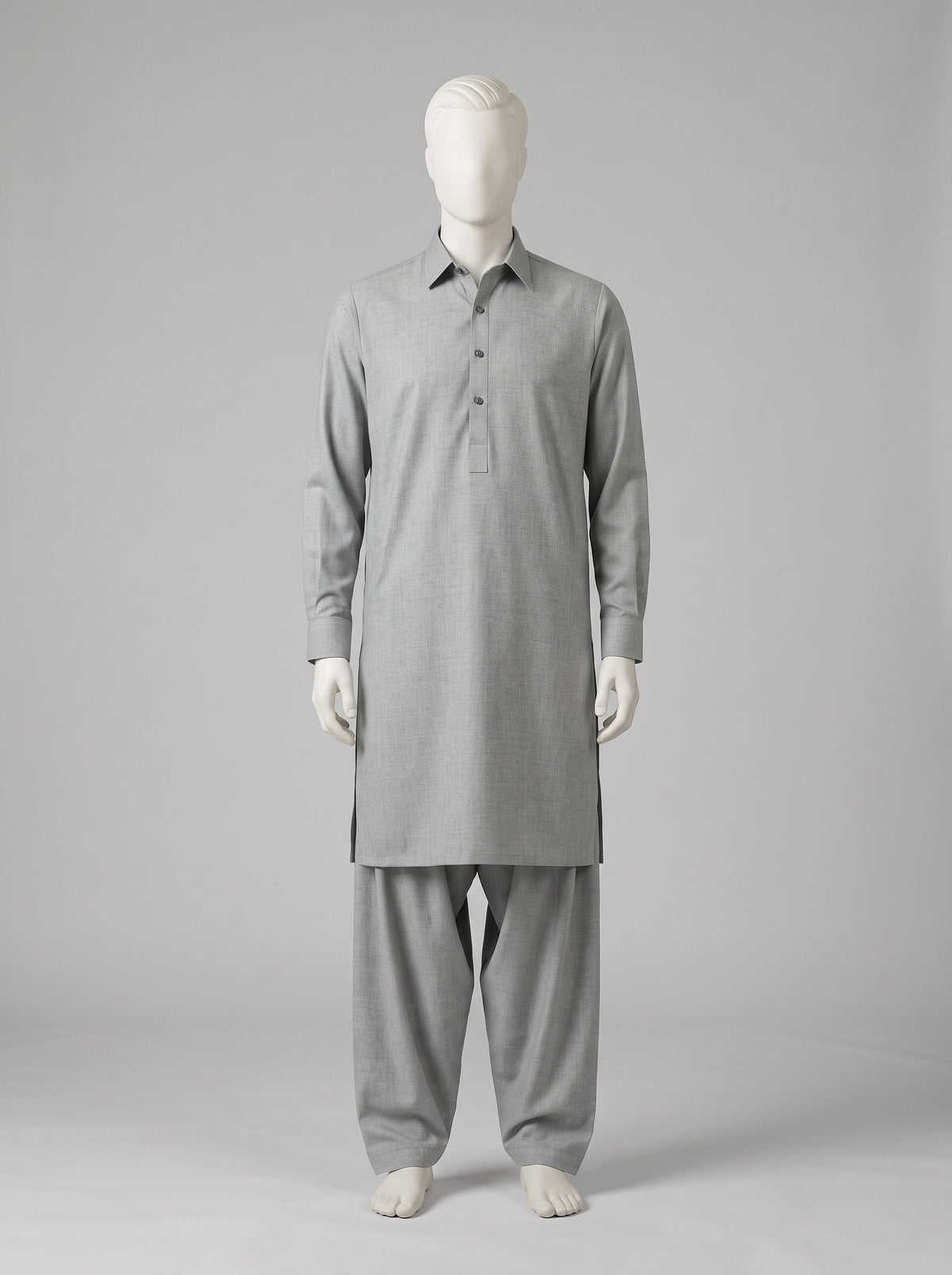 GRACE Super Fine Pure Wool – Ash Grey shalwar kameez on a mannequin (stitching idea, sold unstitched)