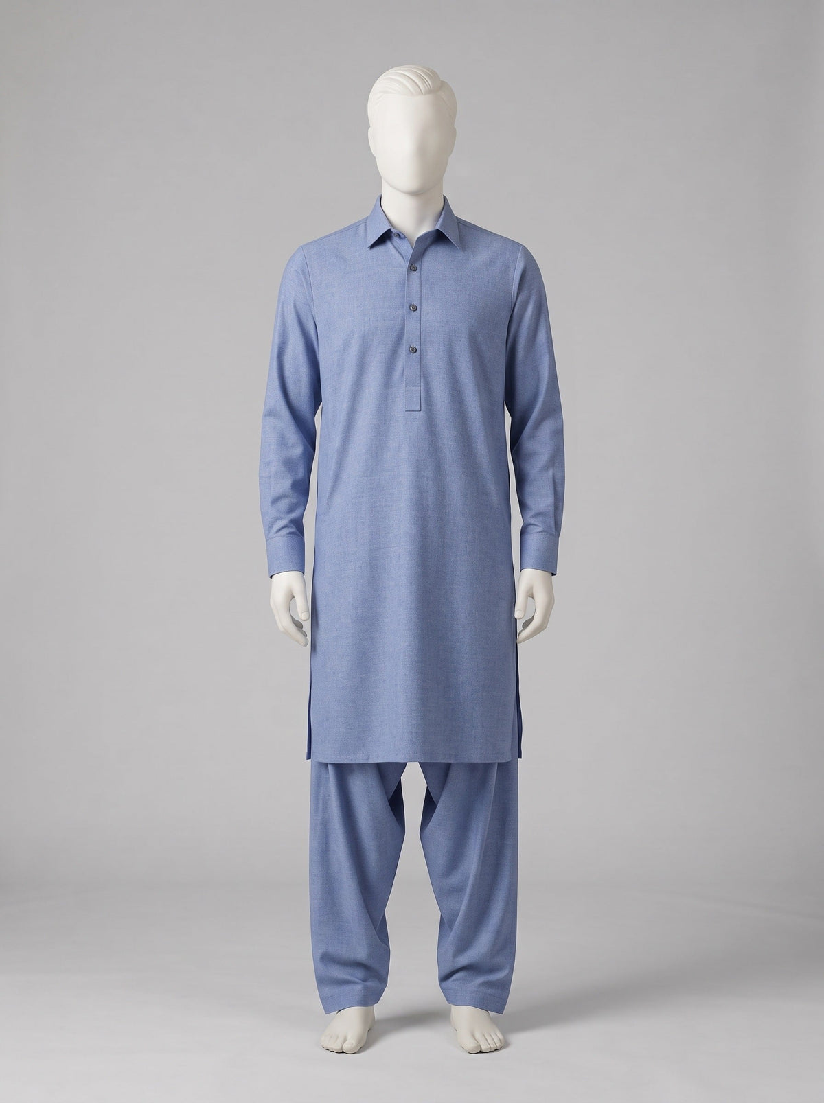 GRACE Super Fine Pure Wool – Dubai Blue shalwar kameez on a mannequin (stitching idea, sold unstitched)