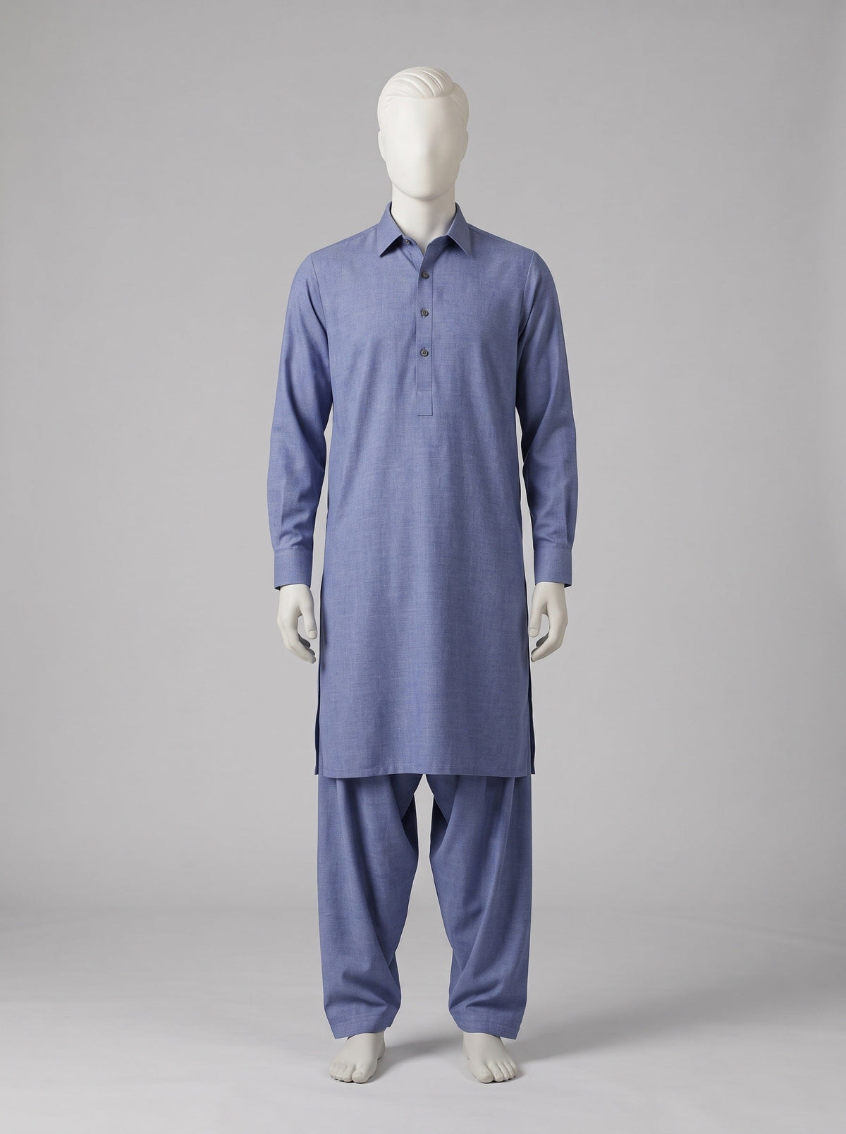 GRACE Super Fine Pure Wool – Indigo shalwar kameez on a mannequin (stitching idea, sold unstitched)