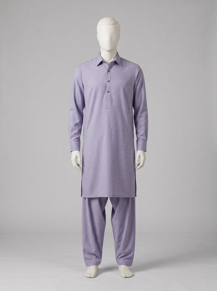 GRACE Super Fine Pure Wool – Lavender shalwar kameez on a mannequin (stitching idea, sold unstitched)