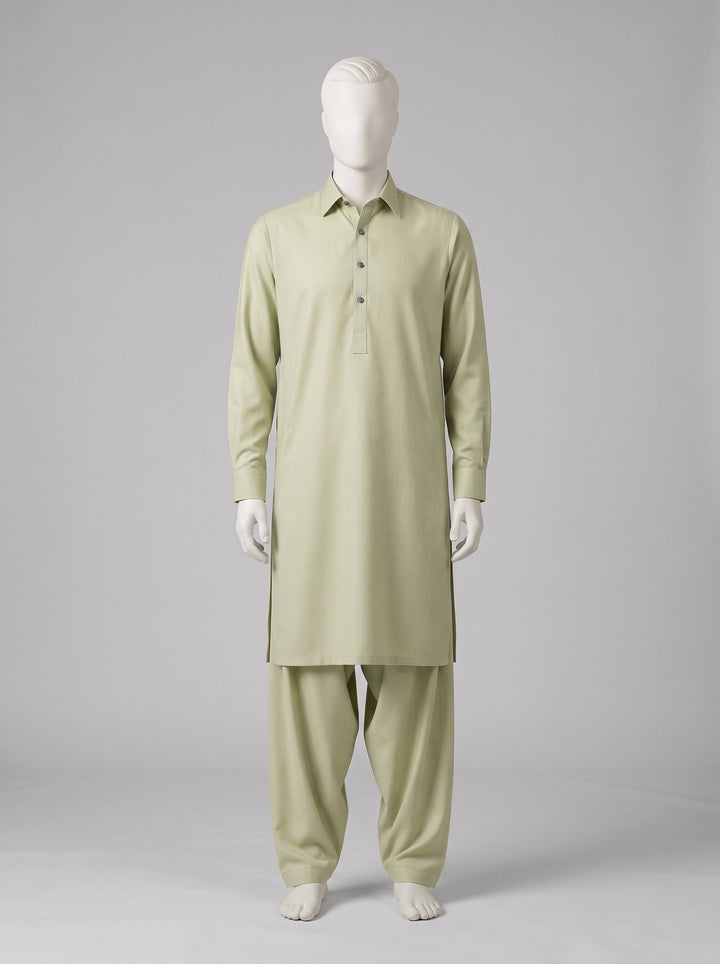GRACE Super Fine Pure Wool – Pistachio shalwar kameez on a mannequin (stitching idea, sold unstitched)