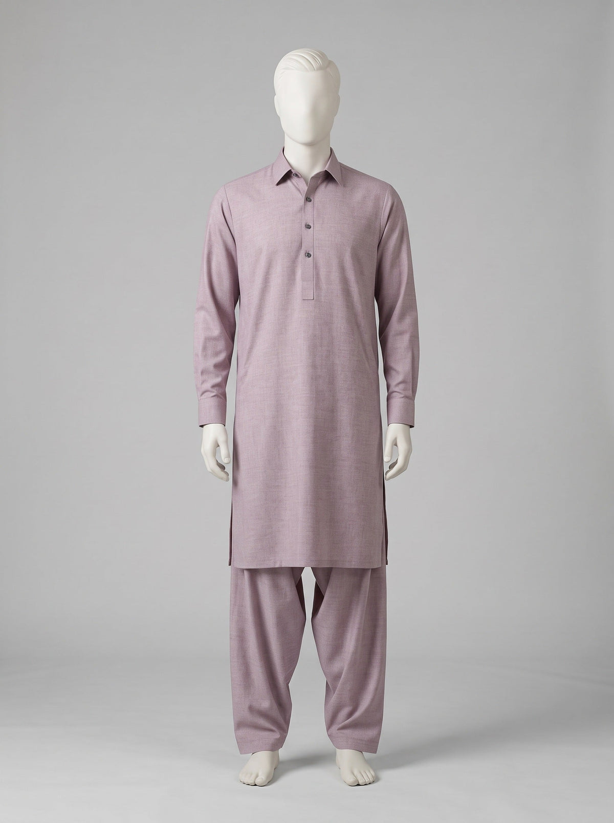 GRACE Super Fine Pure Wool – Turkish Pink shalwar kameez on a mannequin (stitching idea, sold unstitched)