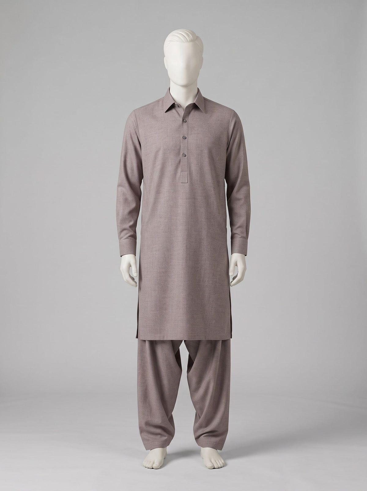 GRACE Super Fine Pure Wool – Wooden shalwar kameez on a mannequin (stitching idea, sold unstitched)