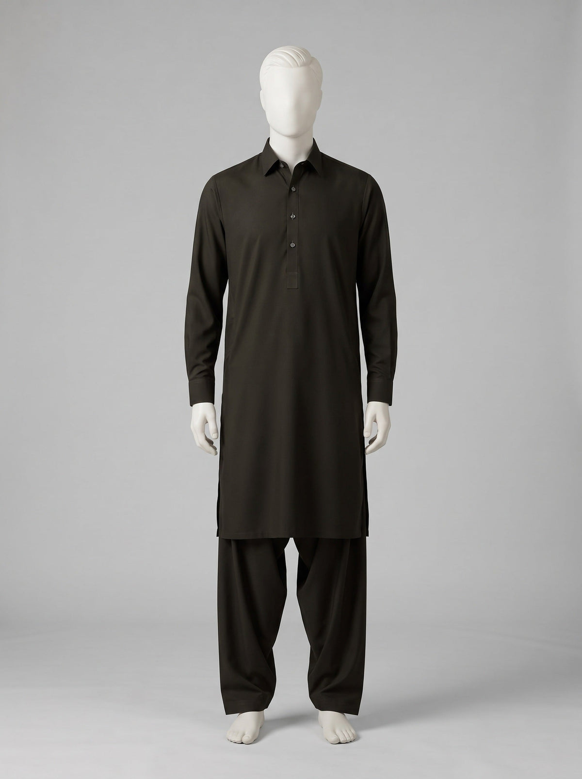 J. Gift Box Packing Winter (4 Season Wash & Wear) – Black Olive shalwar kameez on a mannequin (stitching idea, sold unstitched)