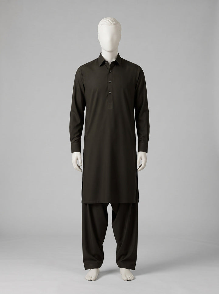 J. Gift Box Packing Winter (4 Season Wash & Wear) – Black Olive shalwar kameez on a mannequin (stitching idea, sold unstitched)