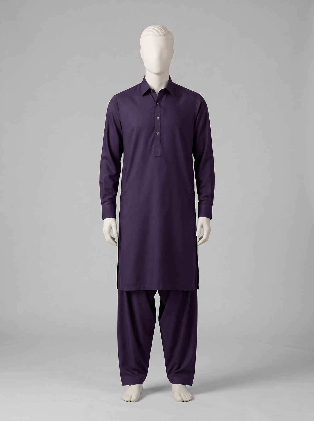 J. Gift Box Packing Winter (4 Season Wash & Wear) – Deep Purple shalwar kameez on a mannequin (stitching idea, sold unstitched)