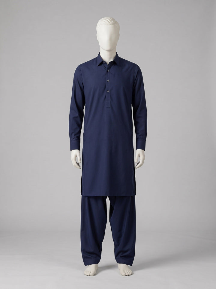 J. Gift Box Packing Winter (4 Season Wash & Wear) – Denim Blue shalwar kameez on a mannequin (stitching idea, sold unstitched)