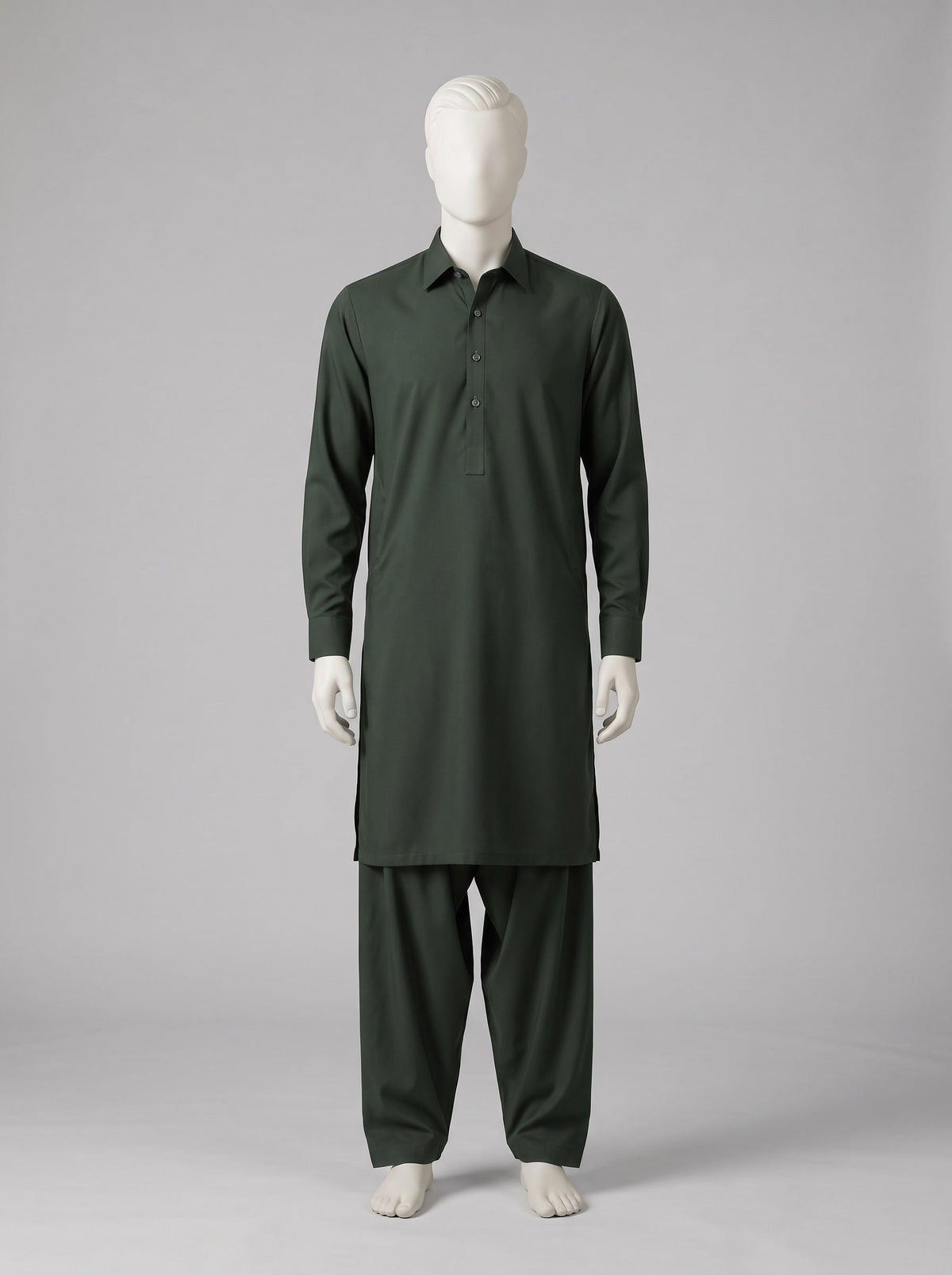 J. Gift Box Packing Winter (4 Season Wash & Wear) – Forest Green shalwar kameez on a mannequin (stitching idea, sold unstitched)