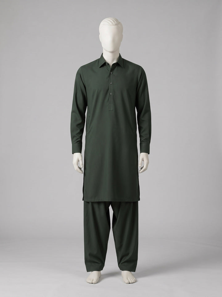 J. Gift Box Packing Winter (4 Season Wash & Wear) – Forest Green shalwar kameez on a mannequin (stitching idea, sold unstitched)