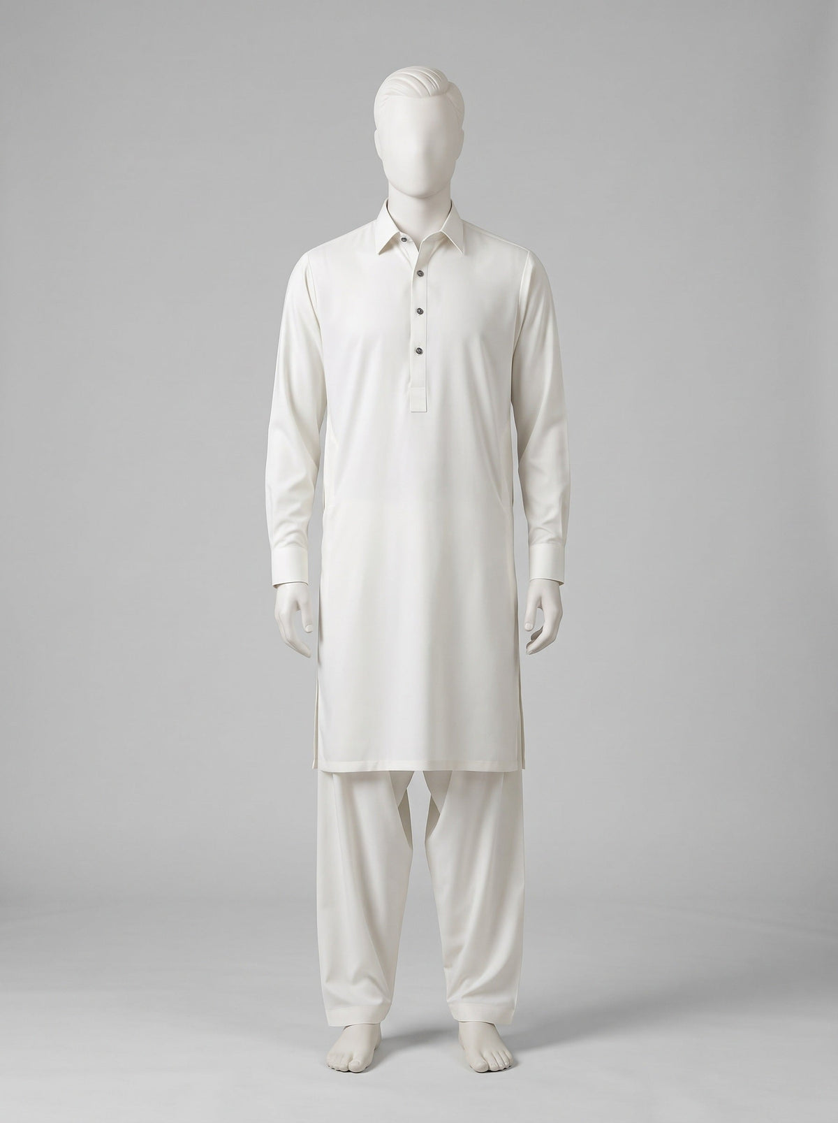 J. Gift Box Packing Winter (4 Season Wash & Wear) – Pearl White shalwar kameez on a mannequin (stitching idea, sold unstitched)