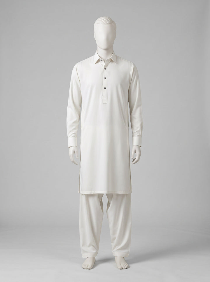 J. Gift Box Packing Winter (4 Season Wash & Wear) – Pearl White shalwar kameez on a mannequin (stitching idea, sold unstitched)