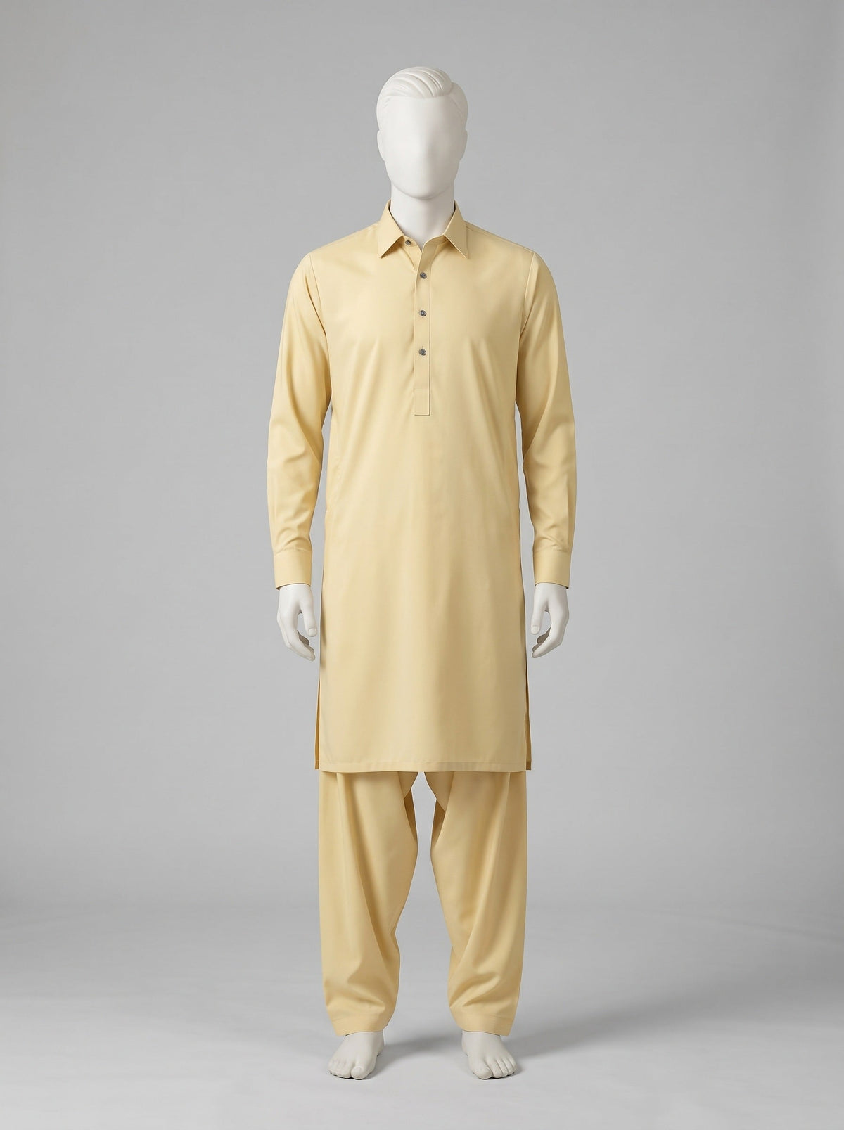 J. Gift Box Packing Winter (4 Season Wash & Wear) – Skin Gold shalwar kameez on a mannequin (stitching idea, sold unstitched)
