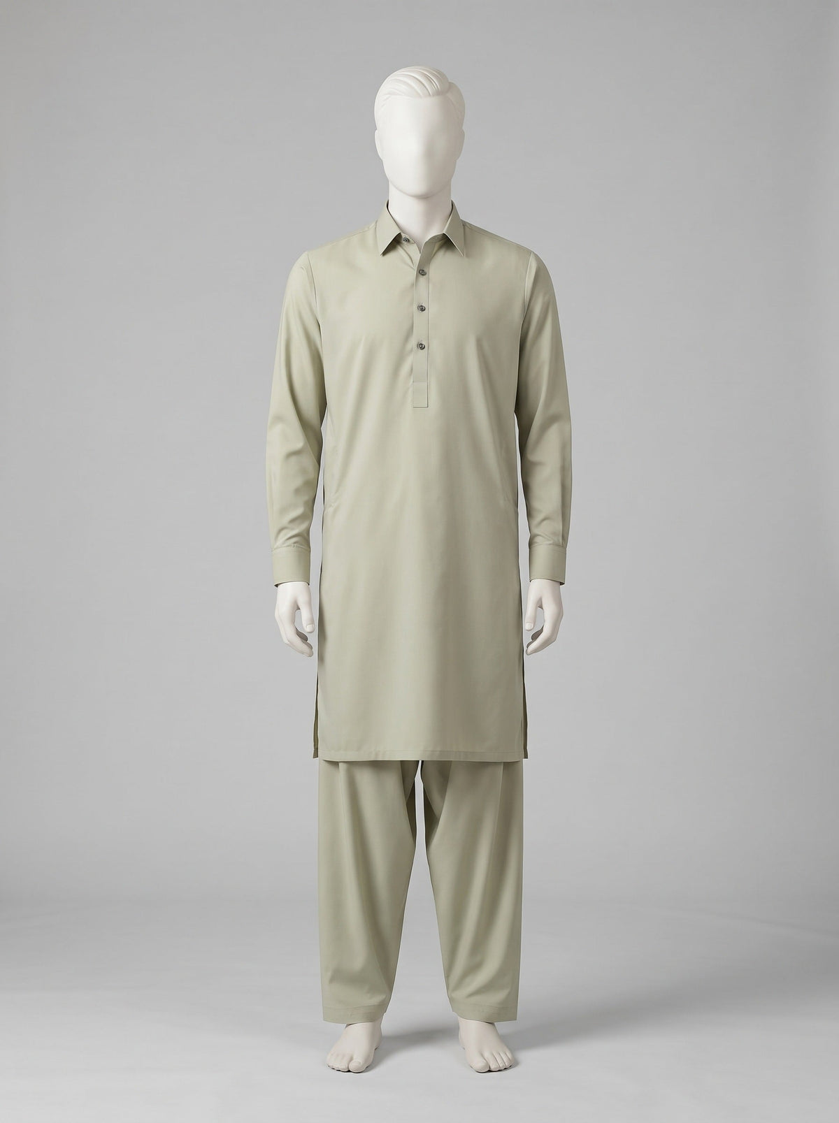 J. Gift Box Packing Winter (4 Season Wash & Wear) – Stone shalwar kameez on a mannequin (stitching idea, sold unstitched)