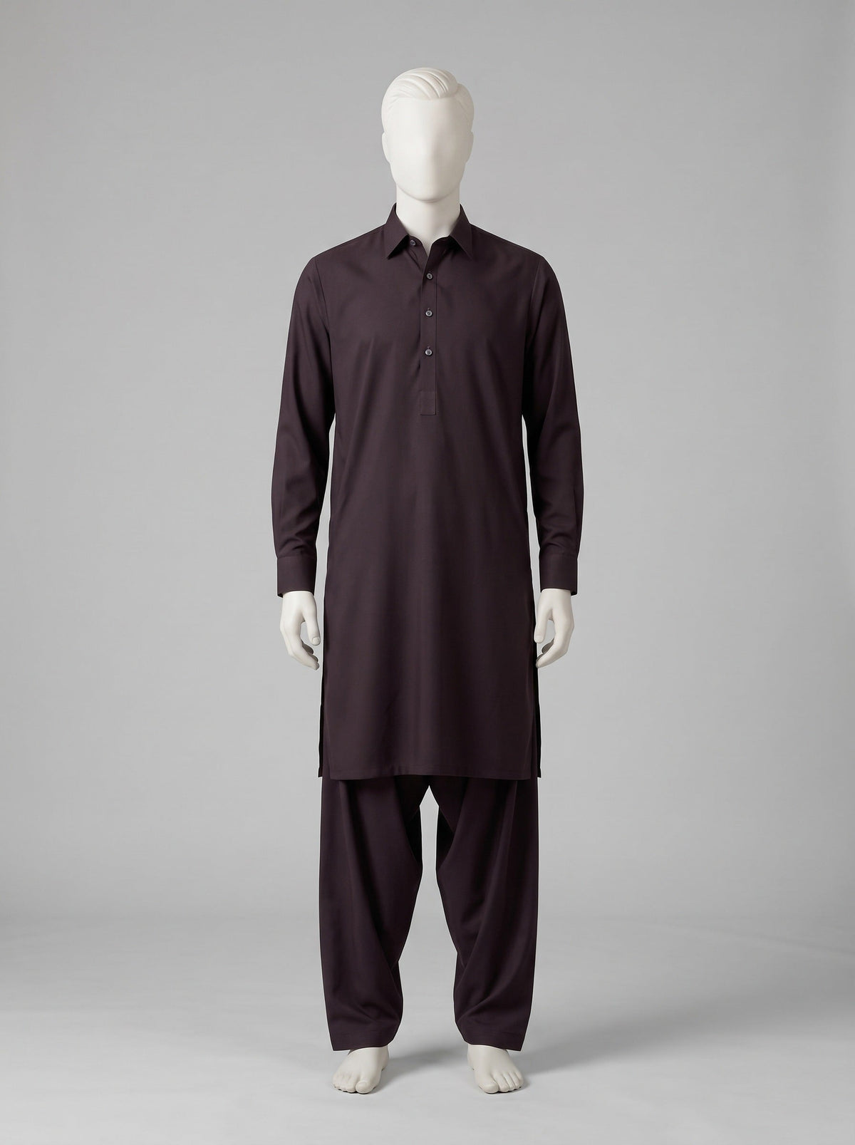 J. Gift Box Packing Winter (4 Season Wash & Wear) – Violet shalwar kameez on a mannequin (stitching idea, sold unstitched)