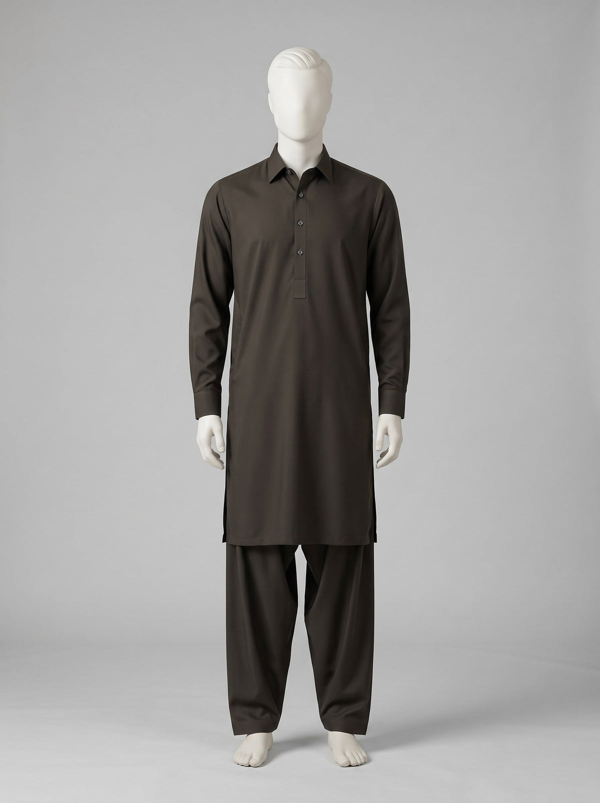 J. SPECTRUM BLENDED WASH & WEAR – Black Olive shalwar kameez on a mannequin (stitching idea, sold unstitched)