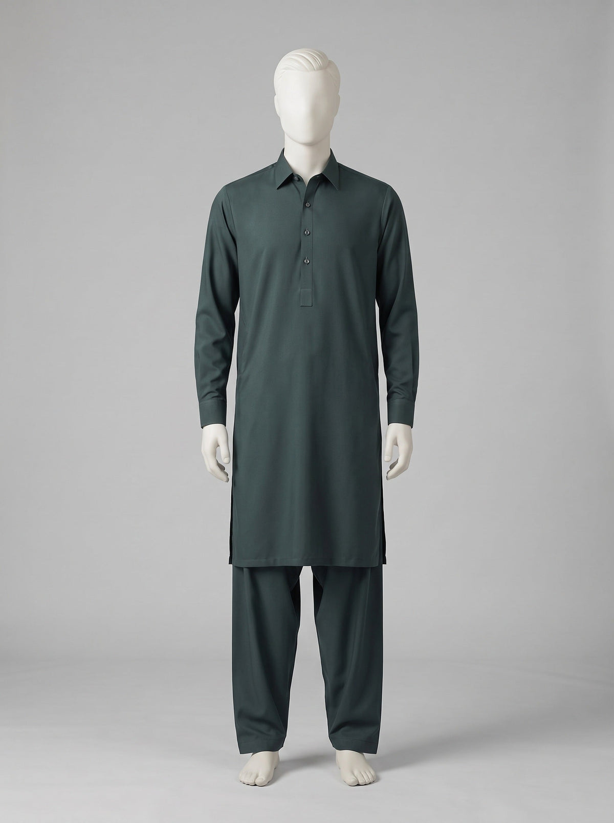 J. SPECTRUM BLENDED WASH & WEAR – Bottle Green shalwar kameez on a mannequin (stitching idea, sold unstitched)