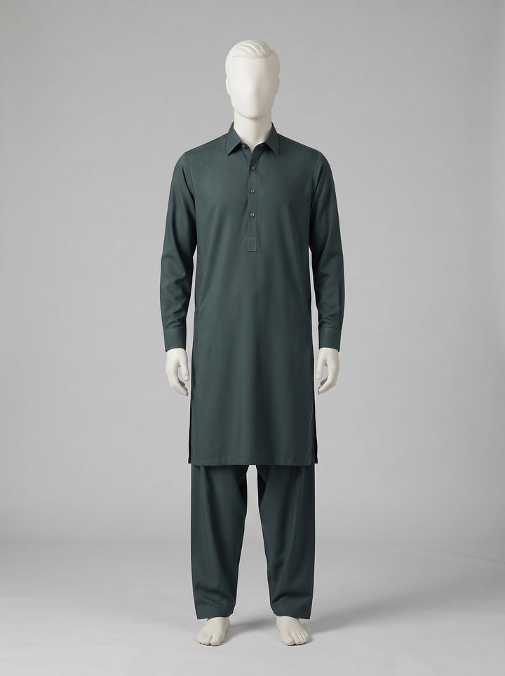J. SPECTRUM BLENDED WASH & WEAR – Bottle Green shalwar kameez on a mannequin (stitching idea, sold unstitched)