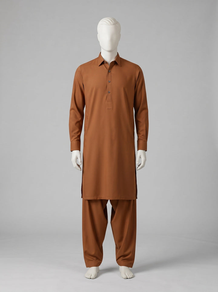 J. SPECTRUM BLENDED WASH & WEAR – Copper shalwar kameez on a mannequin (stitching idea, sold unstitched)