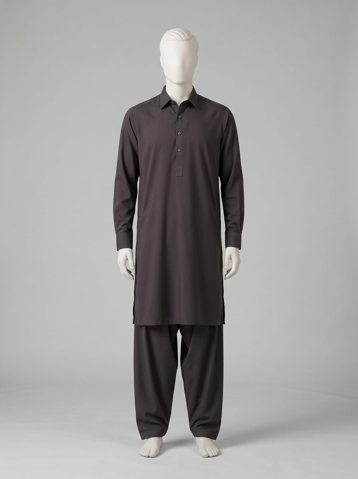 J. SPECTRUM BLENDED WASH & WEAR – Ink Brown shalwar kameez on a mannequin (stitching idea, sold unstitched)