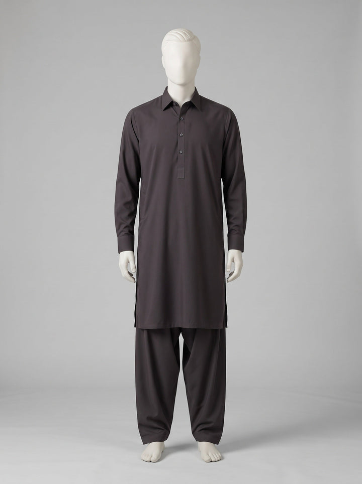 J. SPECTRUM BLENDED WASH & WEAR – Ink Brown shalwar kameez on a mannequin (stitching idea, sold unstitched)