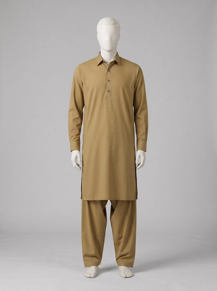 J. SPECTRUM BLENDED WASH & WEAR – Mustard shalwar kameez on a mannequin (stitching idea, sold unstitched)