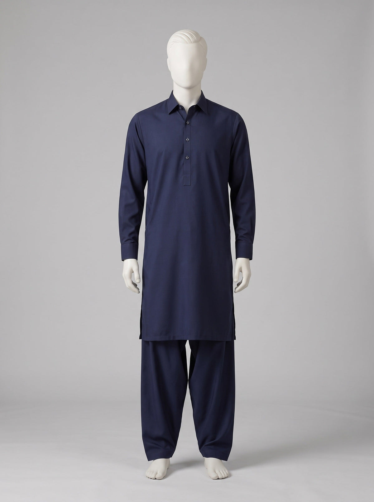 J. SPECTRUM BLENDED WASH & WEAR – Navy Blue shalwar kameez on a mannequin (stitching idea, sold unstitched)