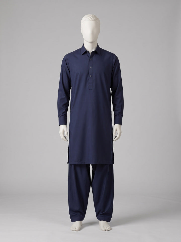 J. SPECTRUM BLENDED WASH & WEAR – Navy Blue shalwar kameez on a mannequin (stitching idea, sold unstitched)