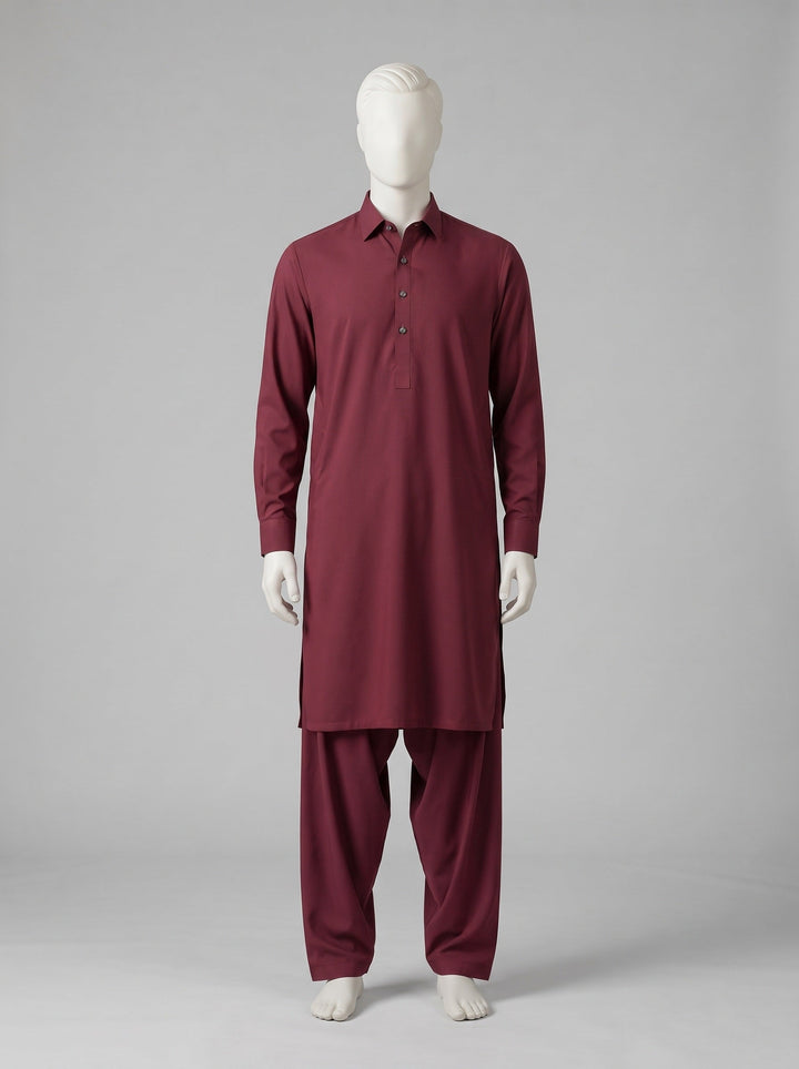 J. SPECTRUM BLENDED WASH & WEAR – Red Wine shalwar kameez on a mannequin (stitching idea, sold unstitched)