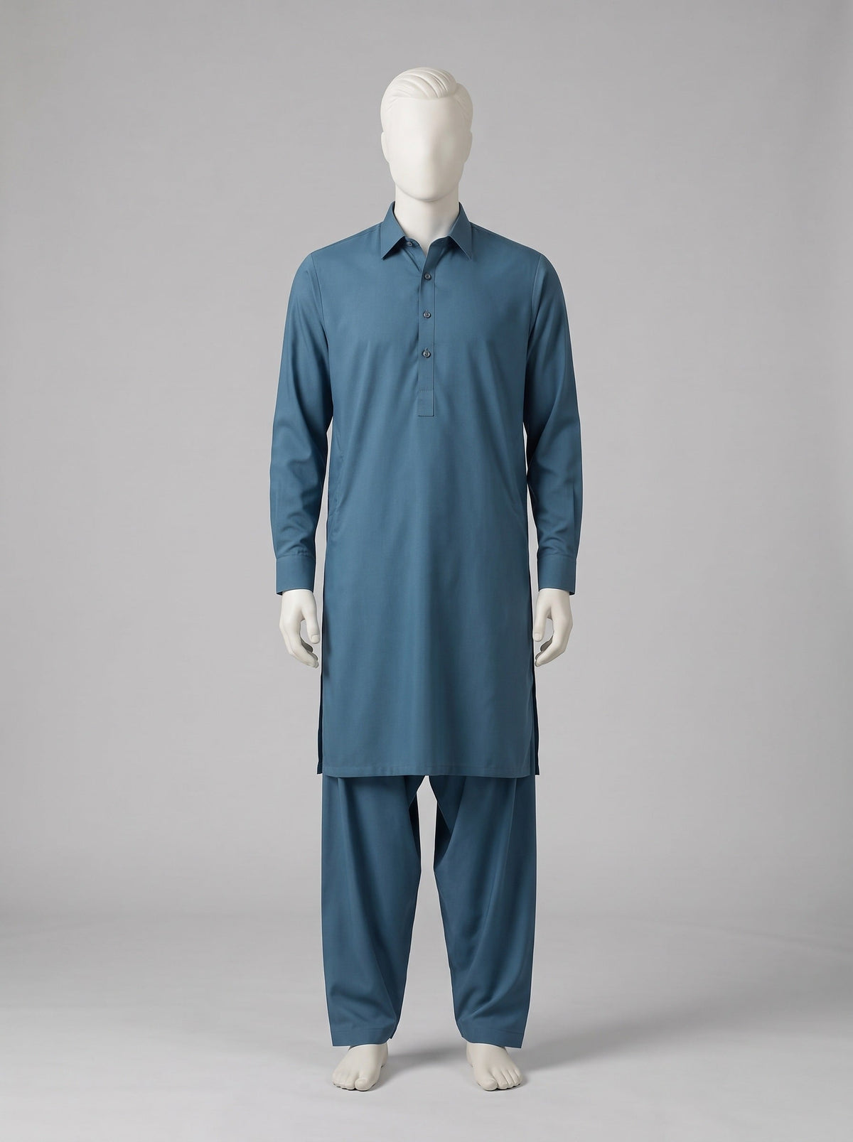 J. SPECTRUM BLENDED WASH & WEAR – Zinc shalwar kameez on a mannequin (stitching idea, sold unstitched)