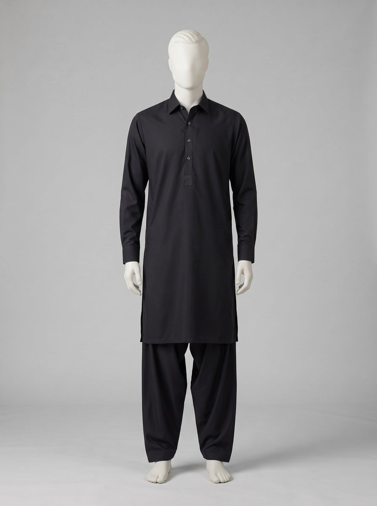SAPPHIRE ARMANI TOYOBO WASH N WEAR – Black shalwar kameez on a mannequin (stitching idea, sold unstitched)