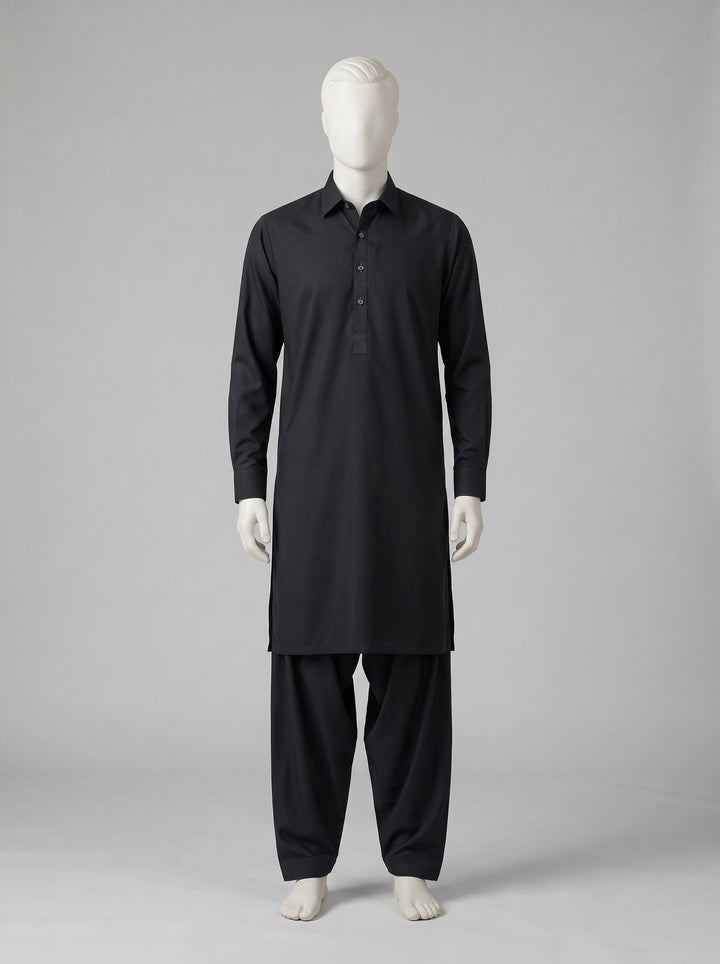 SAPPHIRE ARMANI TOYOBO WASH N WEAR – Black shalwar kameez on a mannequin (stitching idea, sold unstitched)