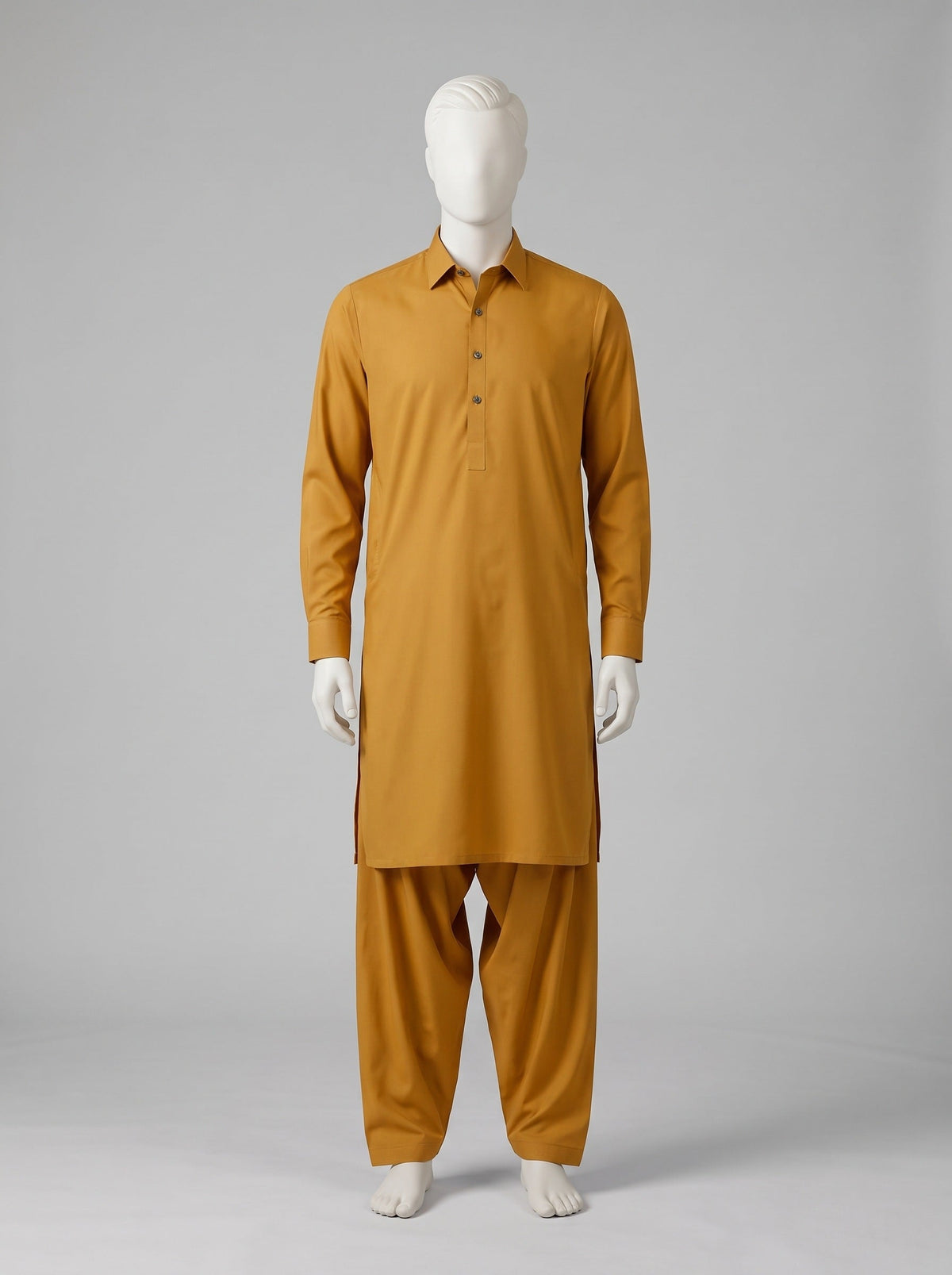 SAPPHIRE ARMANI TOYOBO WASH N WEAR – Mustard shalwar kameez on a mannequin (stitching idea, sold unstitched)