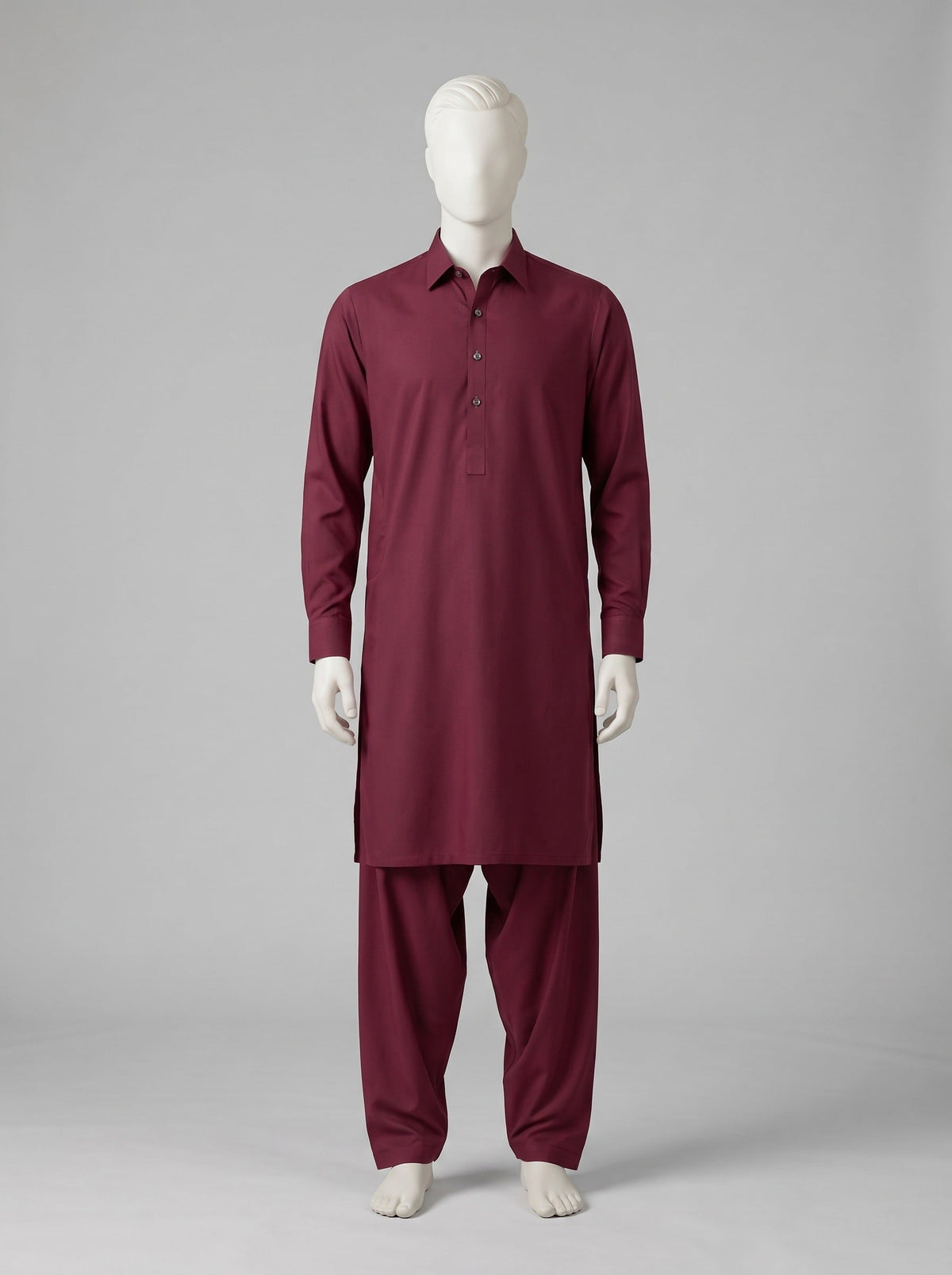 SAPPHIRE ARMANI TOYOBO WASH N WEAR – Red Wine shalwar kameez on a mannequin (stitching idea, sold unstitched)