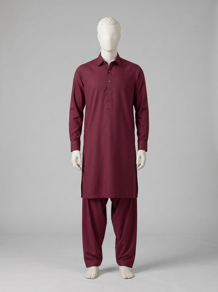 SAPPHIRE ARMANI TOYOBO WASH N WEAR – Red Wine shalwar kameez on a mannequin (stitching idea, sold unstitched)