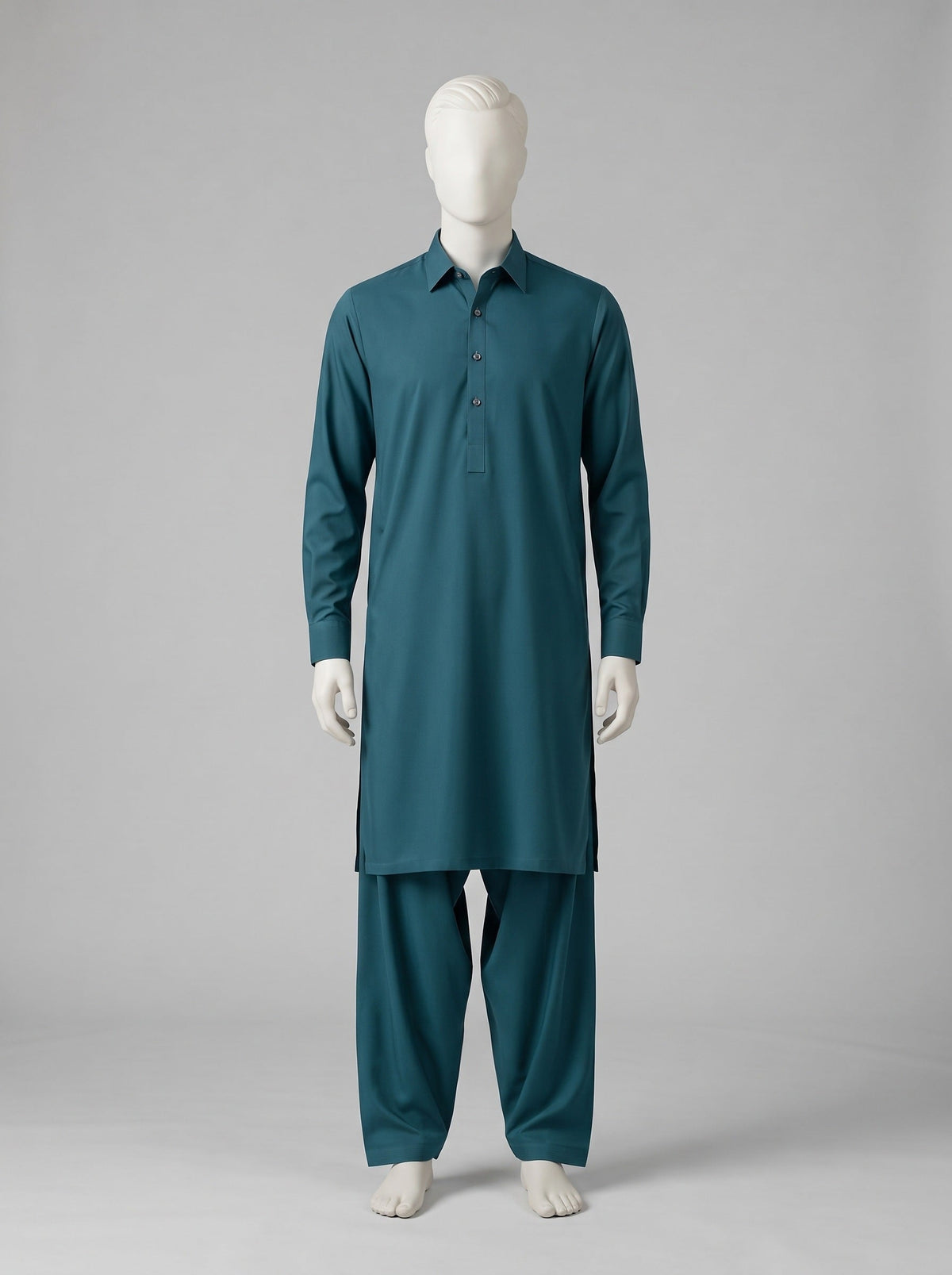 SAPPHIRE ARMANI TOYOBO WASH N WEAR – Zinc shalwar kameez on a mannequin (stitching idea, sold unstitched)