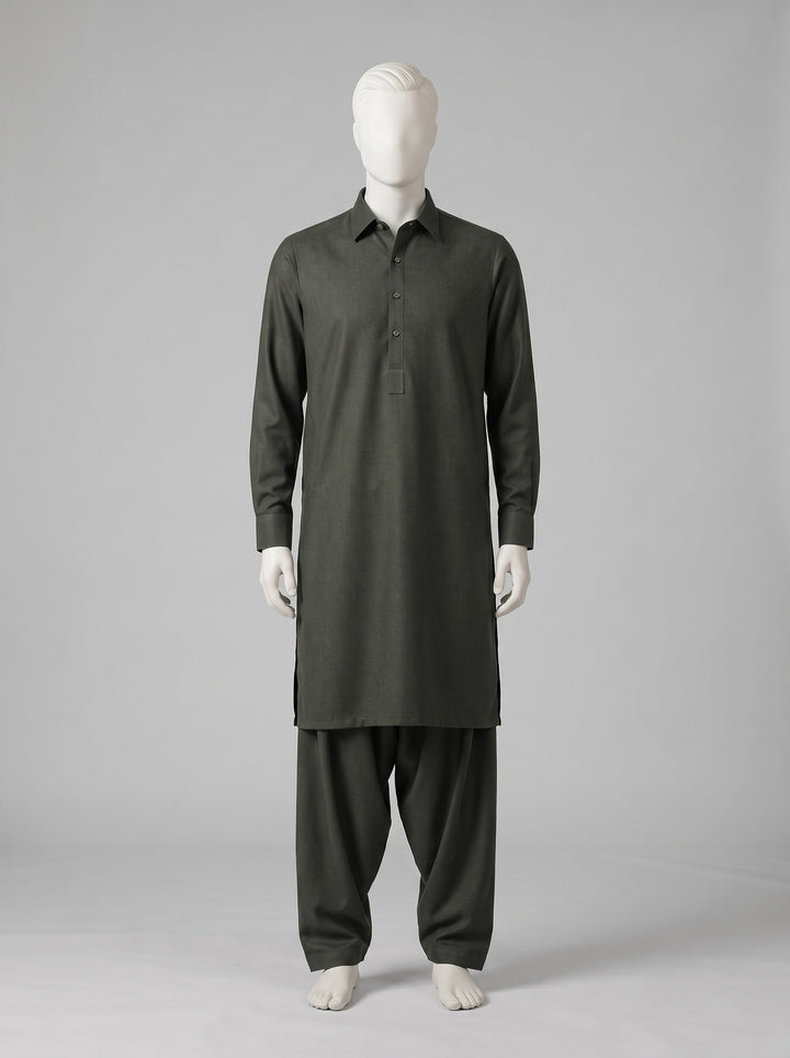 SAPPHIRE MAN London Wool (Winter) – Forest Green shalwar kameez on a mannequin (stitching idea, sold unstitched)