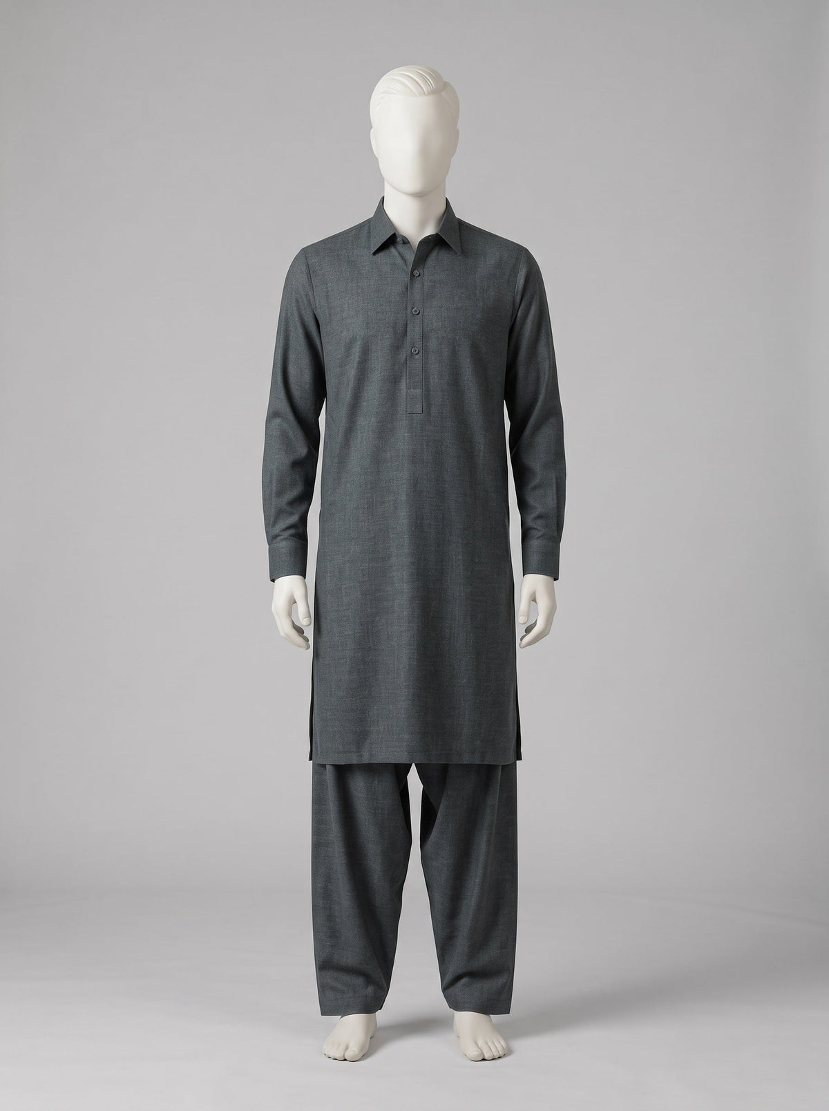 SAPPHIRE MAN London Wool (Winter) – Greenish Grey shalwar kameez on a mannequin (stitching idea, sold unstitched)