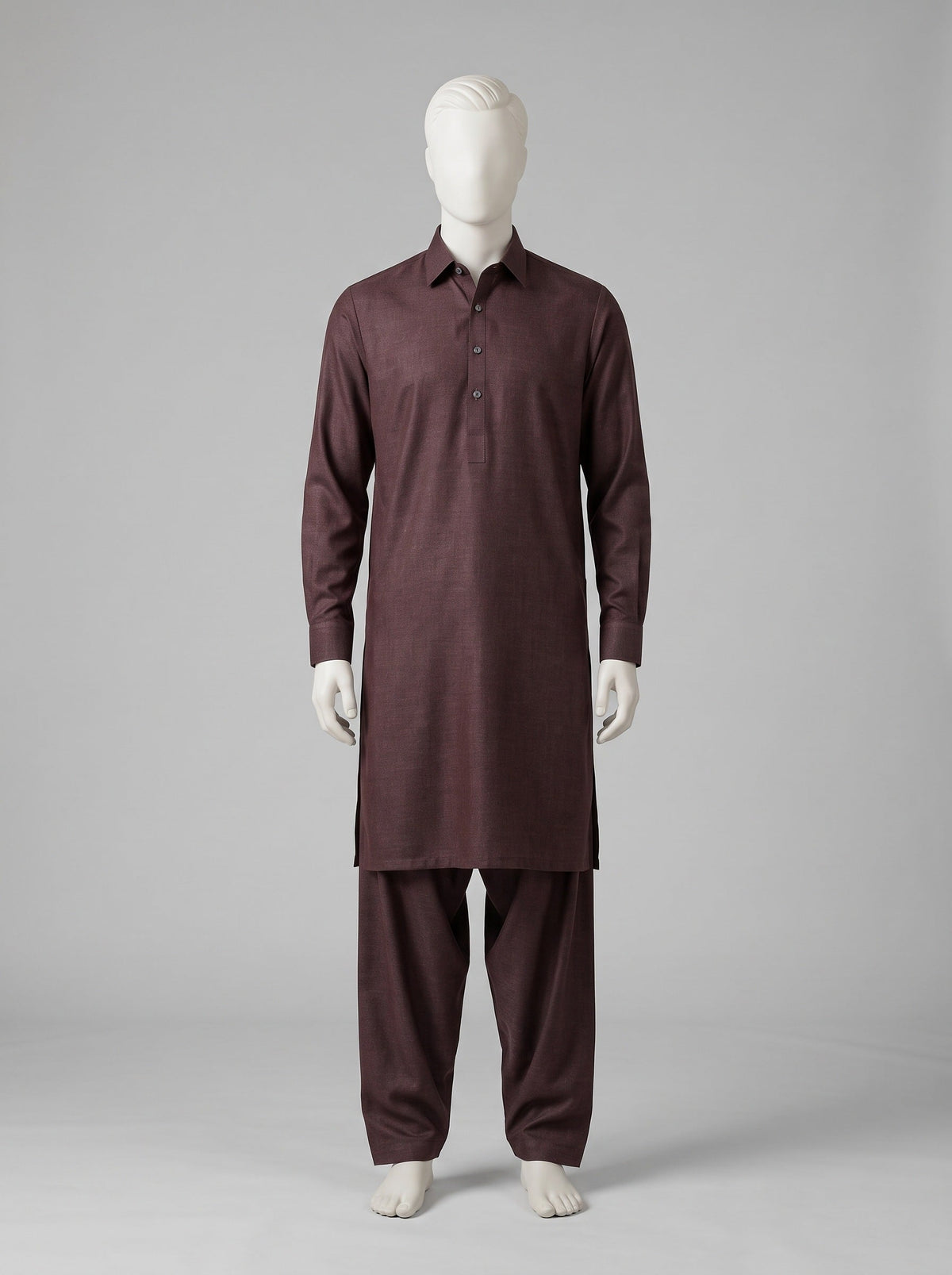 SAPPHIRE MAN London Wool (Winter) – Maroonish Brown shalwar kameez on a mannequin (stitching idea, sold unstitched)