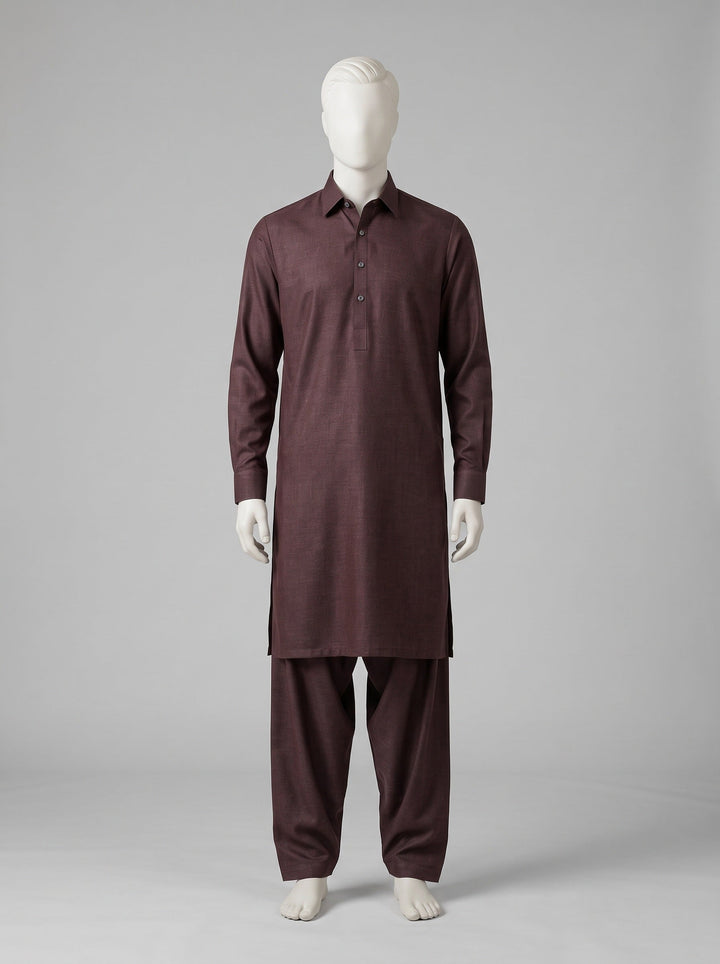 SAPPHIRE MAN London Wool (Winter) – Maroonish Brown shalwar kameez on a mannequin (stitching idea, sold unstitched)