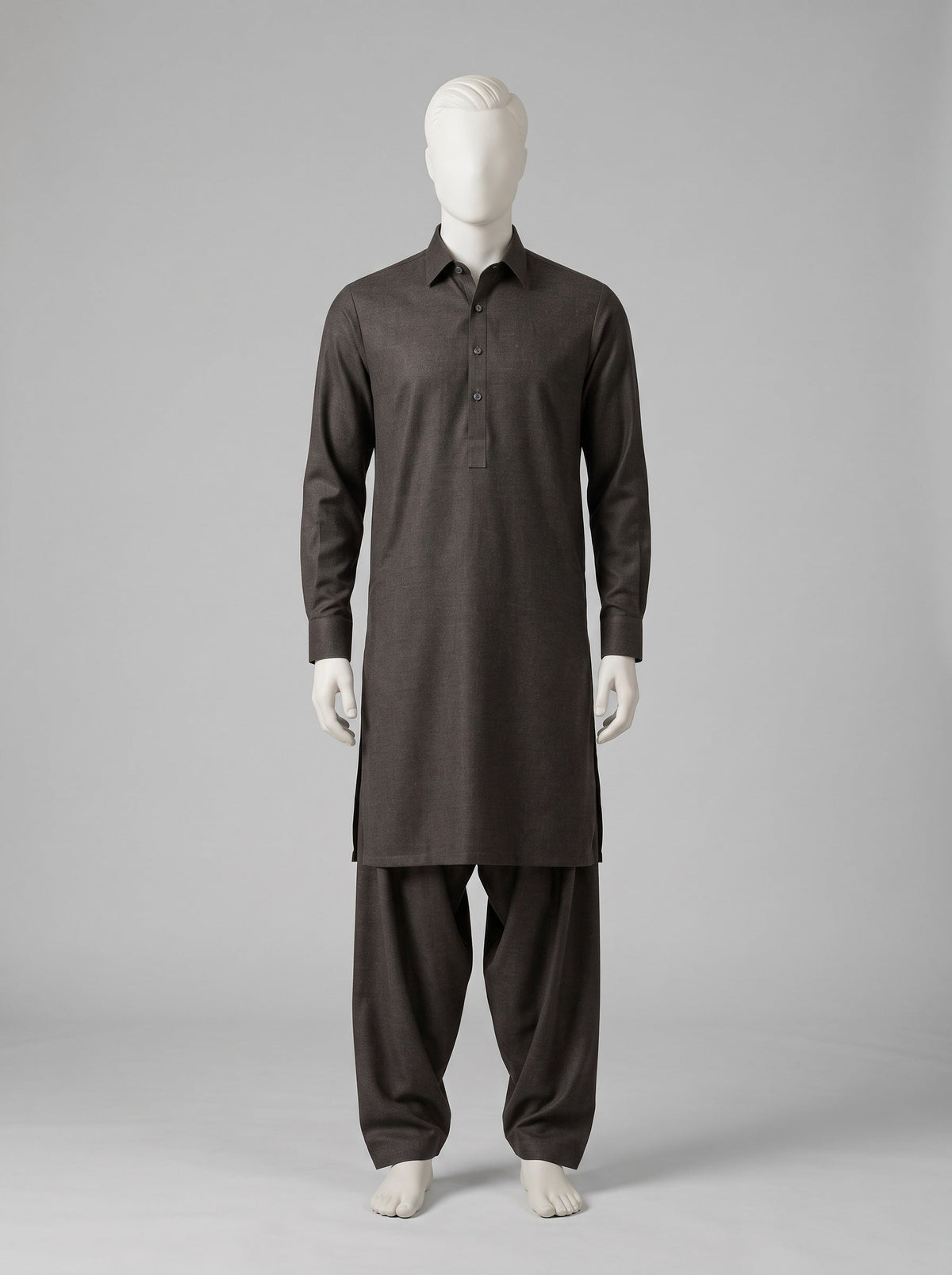 SAPPHIRE MAN London Wool (Winter) – Mud shalwar kameez on a mannequin (stitching idea, sold unstitched)
