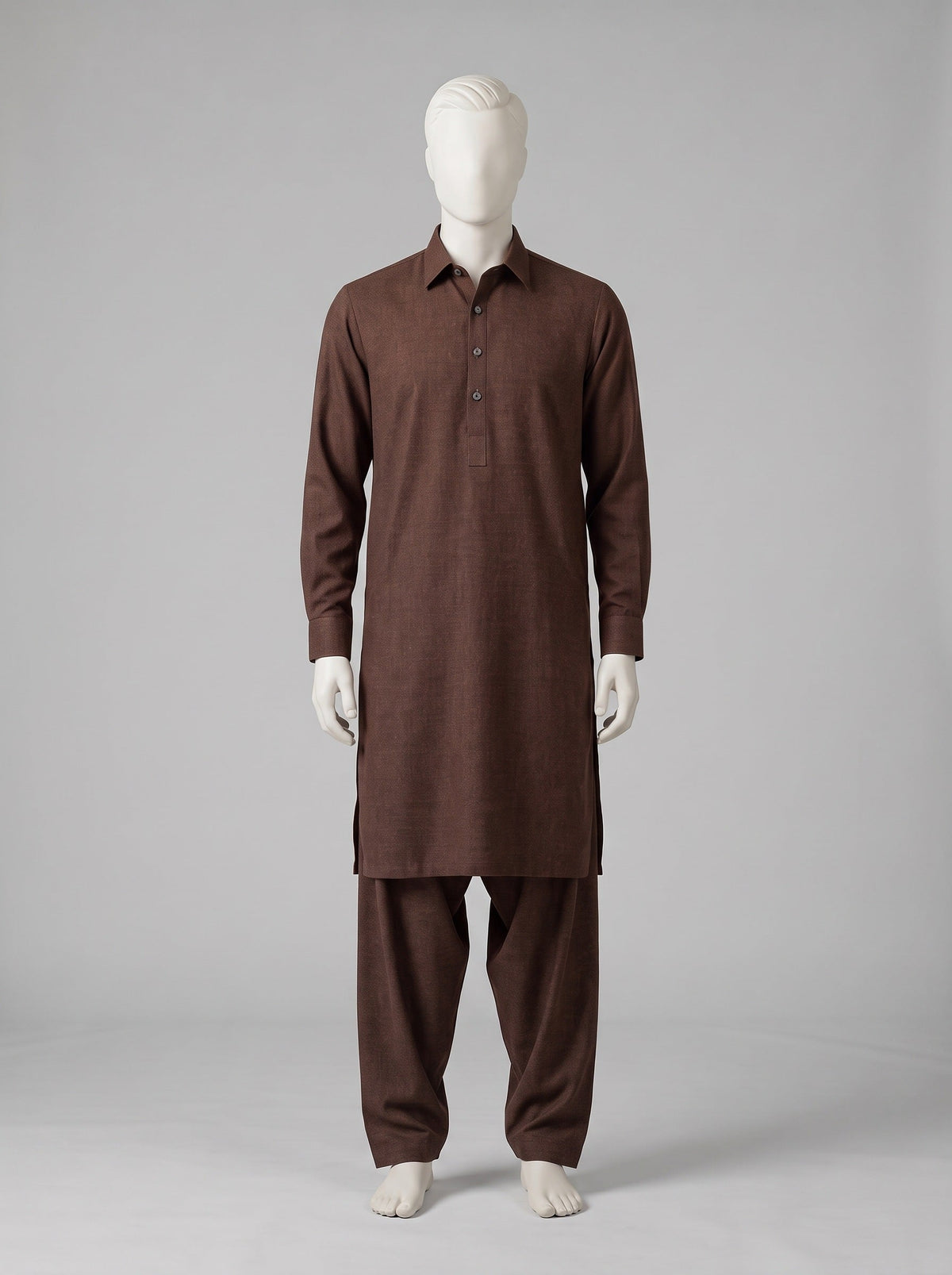 SAPPHIRE MAN London Wool (Winter) – Rust shalwar kameez on a mannequin (stitching idea, sold unstitched)